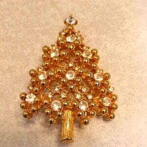 Vintage Signed Elsenberg Gold and Rhinestone Christmas Tree Brooch